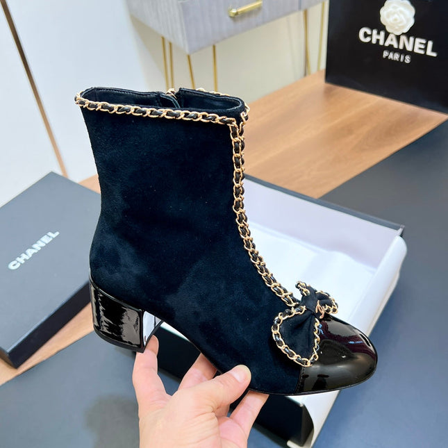 CHANEL 25S HEELED CHAIN BOOTS WITH BOW IN BLACK VELVET GOLD HARDWRE