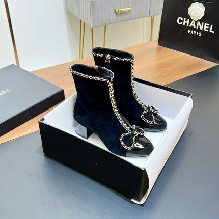 CHANEL 25S HEELED CHAIN BOOTS WITH BOW IN BLACK VELVET GOLD HARDWRE