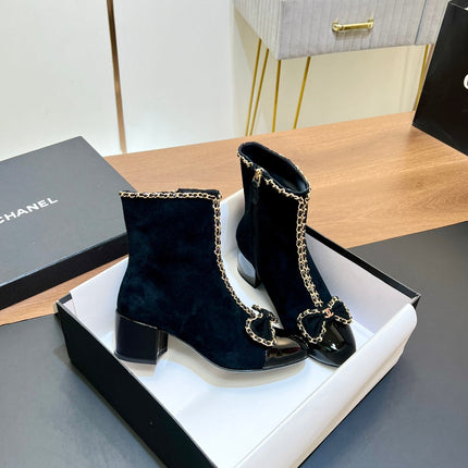 CHANEL 25S HEELED CHAIN BOOTS WITH BOW IN BLACK VELVET GOLD HARDWRE