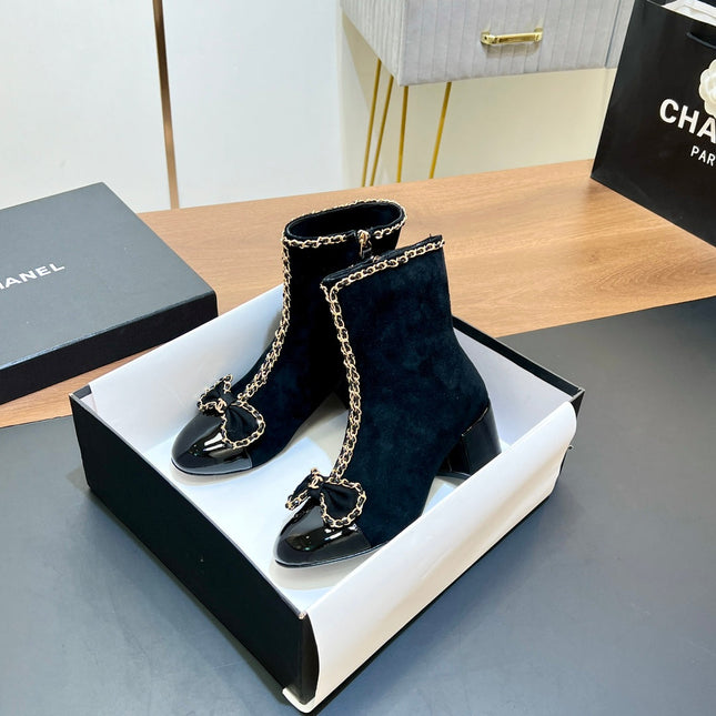 CHANEL 25S HEELED CHAIN BOOTS WITH BOW IN BLACK VELVET GOLD HARDWRE