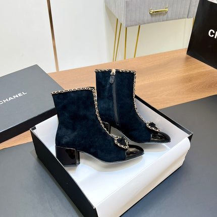 CHANEL 25S HEELED CHAIN BOOTS WITH BOW IN BLACK VELVET GOLD HARDWRE
