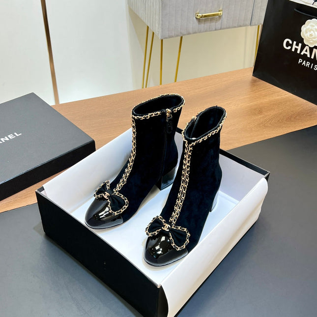 CHANEL 25S HEELED CHAIN BOOTS WITH BOW IN BLACK VELVET GOLD HARDWRE