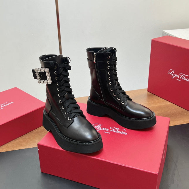 VIV' RANGERS STRASS BUCKLE BOOTS IN BLACK CALFSKIN EMBELLISHED BUCKLE