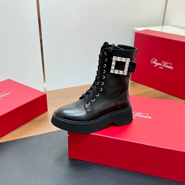 VIV' RANGERS STRASS BUCKLE BOOTS IN BLACK CALFSKIN EMBELLISHED BUCKLE