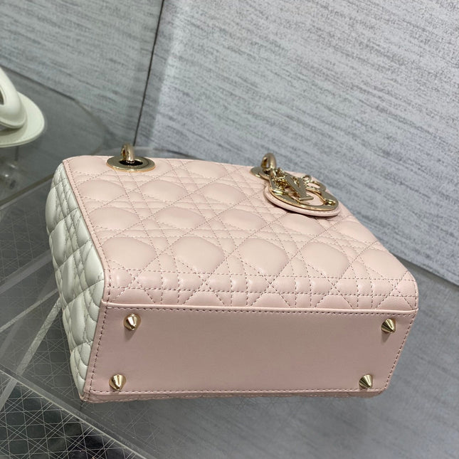 MEDIUM LADY BAG 20 IN BABY PINK QUILTED MACROCANNAGE CALFSKIN WHITE STRAP