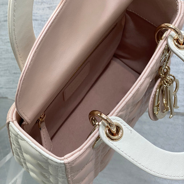 MEDIUM LADY BAG 20 IN BABY PINK QUILTED MACROCANNAGE CALFSKIN WHITE STRAP
