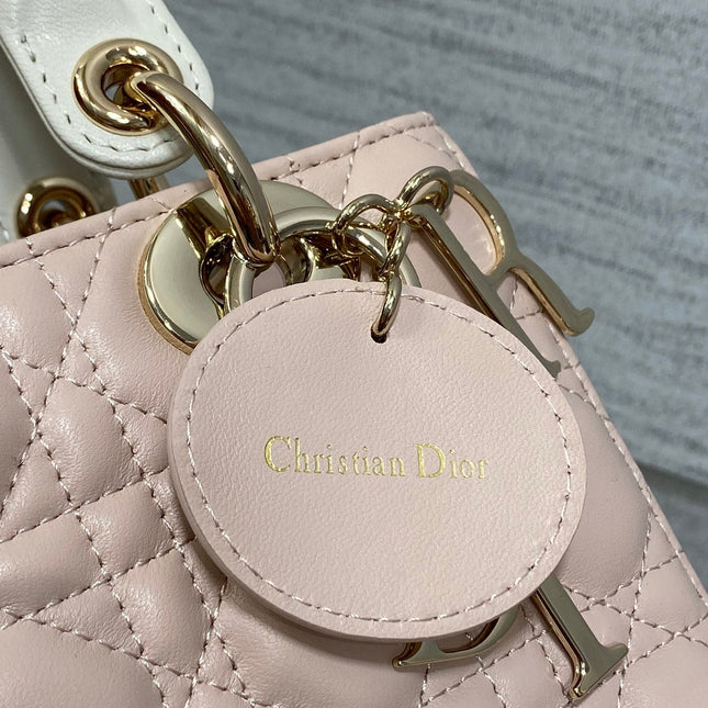 MEDIUM LADY BAG 20 IN BABY PINK QUILTED MACROCANNAGE CALFSKIN WHITE STRAP