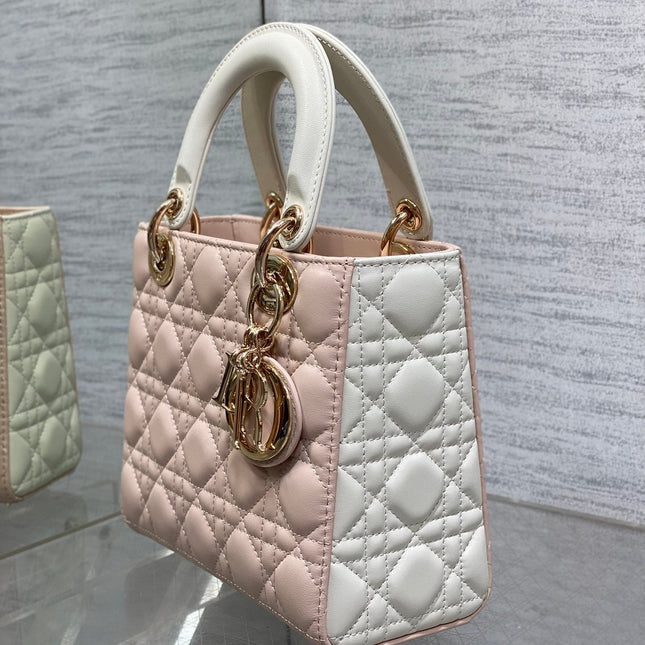 MEDIUM LADY BAG 20 IN BABY PINK QUILTED MACROCANNAGE CALFSKIN WHITE STRAP
