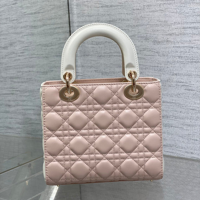 MEDIUM LADY BAG 20 IN BABY PINK QUILTED MACROCANNAGE CALFSKIN WHITE STRAP