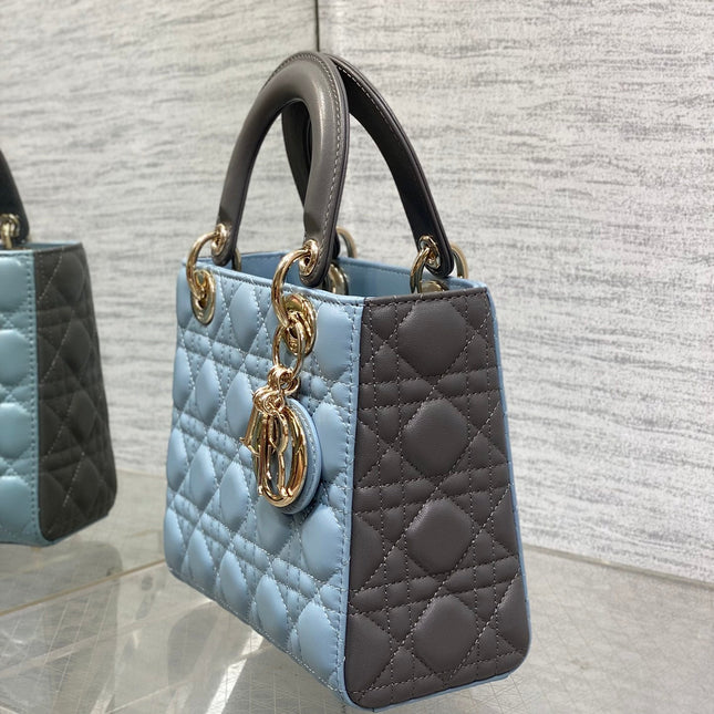 MEDIUM LADY BAG 20 IN BABY BLUE QUILTED MACROCANNAGE CALFSKIN GREY STRAP