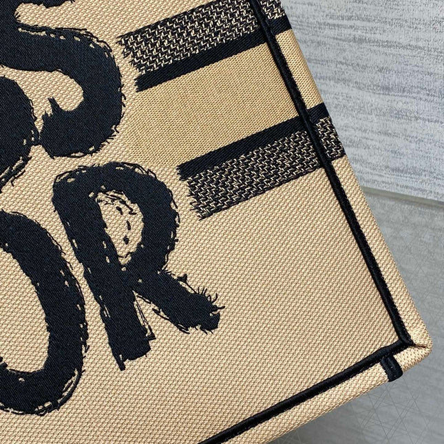 BOOK TOTE 36 BEIGE AND BLACK MISS DIOR GRAFFITI EMBROIDERY