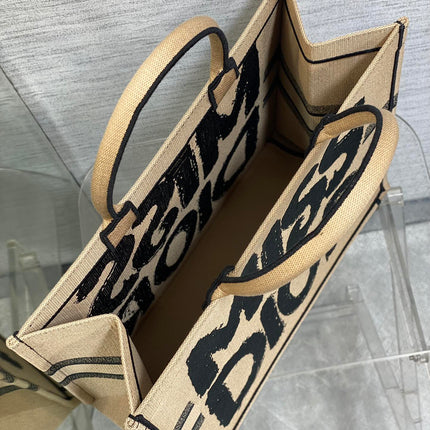 LARGE BOOK TOTE 42 BEIGE AND BLACK MISS DIOR GRAFFITI EMBROIDERY