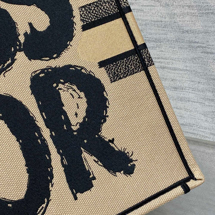 LARGE BOOK TOTE 42 BEIGE AND BLACK MISS DIOR GRAFFITI EMBROIDERY