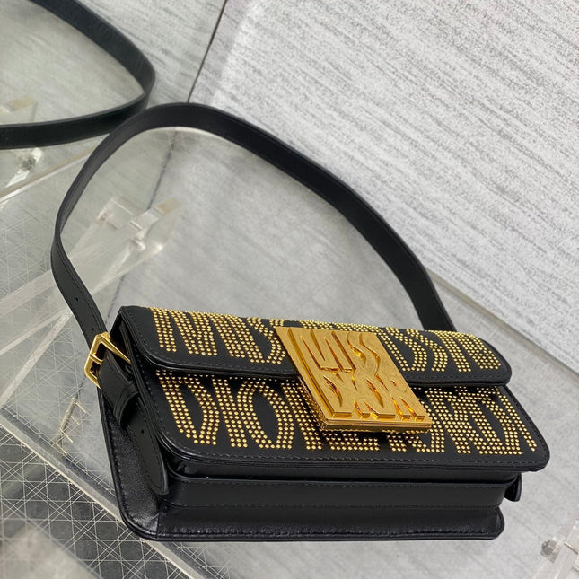 MINI FLAP BAG 18 IN BLACK LAMBSKIN WITH GOLD RHINSTONES