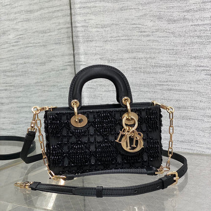 MINI LADY BAG 16 IN BLACK SATIN AND CALFSKIN WITH BEADED DESIGN