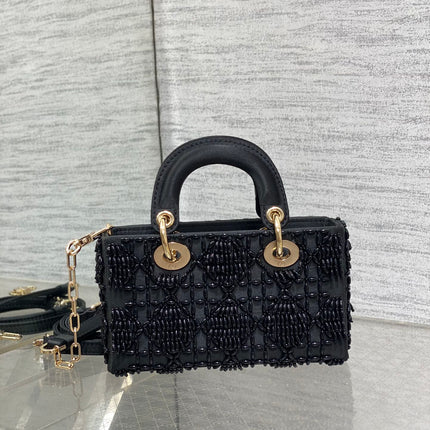 MINI LADY BAG 16 IN BLACK SATIN AND CALFSKIN WITH BEADED DESIGN