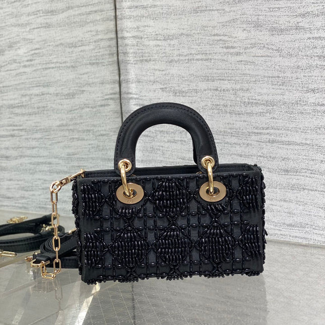 MINI LADY BAG 16 IN BLACK SATIN AND CALFSKIN WITH BEADED DESIGN