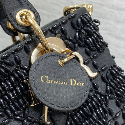 MINI LADY BAG 16 IN BLACK SATIN AND CALFSKIN WITH BEADED DESIGN