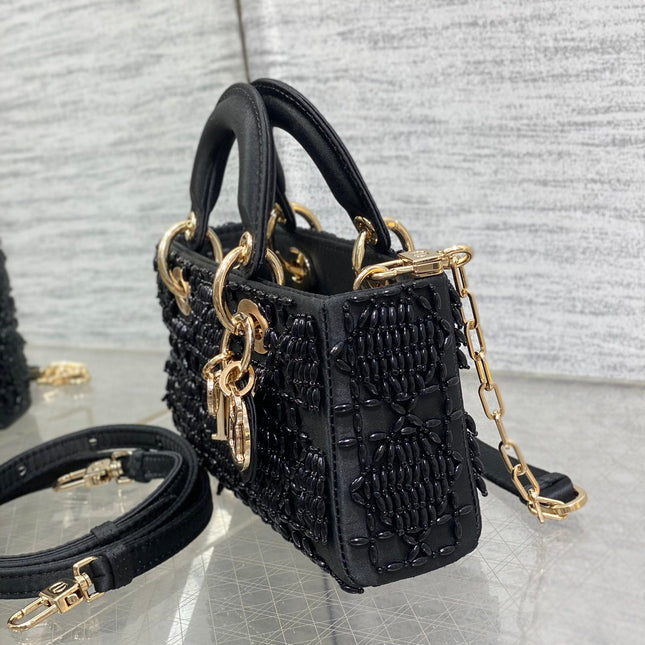 MINI LADY BAG 16 IN BLACK SATIN AND CALFSKIN WITH BEADED DESIGN