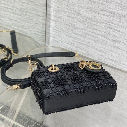 MINI LADY BAG 16 IN BLACK SATIN AND CALFSKIN WITH BEADED DESIGN