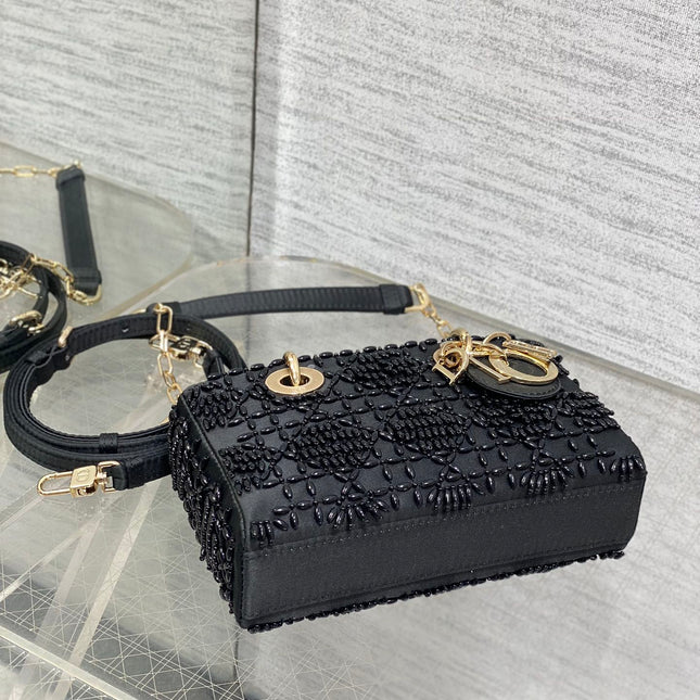 MINI LADY BAG 16 IN BLACK SATIN AND CALFSKIN WITH BEADED DESIGN