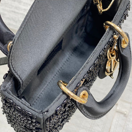 MINI LADY BAG 16 IN BLACK SATIN AND CALFSKIN WITH BEADED DESIGN
