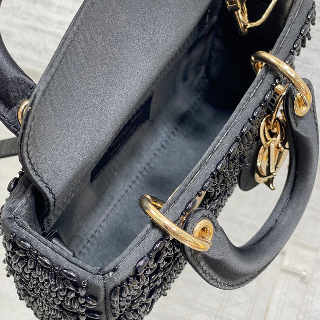 MINI LADY BAG 16 IN BLACK SATIN AND CALFSKIN WITH BEADED DESIGN