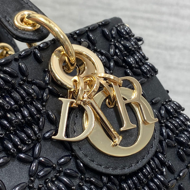 MINI LADY BAG 16 IN BLACK SATIN AND CALFSKIN WITH BEADED DESIGN