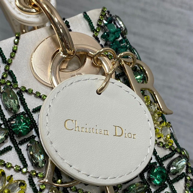 MINI 17 LADY BAG IN WHITE SATIN WITH GREEN EMBROIDERED BEADWORK