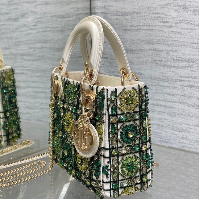 MINI 17 LADY BAG IN WHITE SATIN WITH GREEN EMBROIDERED BEADWORK
