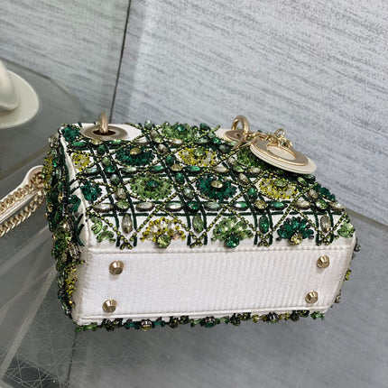 MINI 17 LADY BAG IN WHITE SATIN WITH GREEN EMBROIDERED BEADWORK