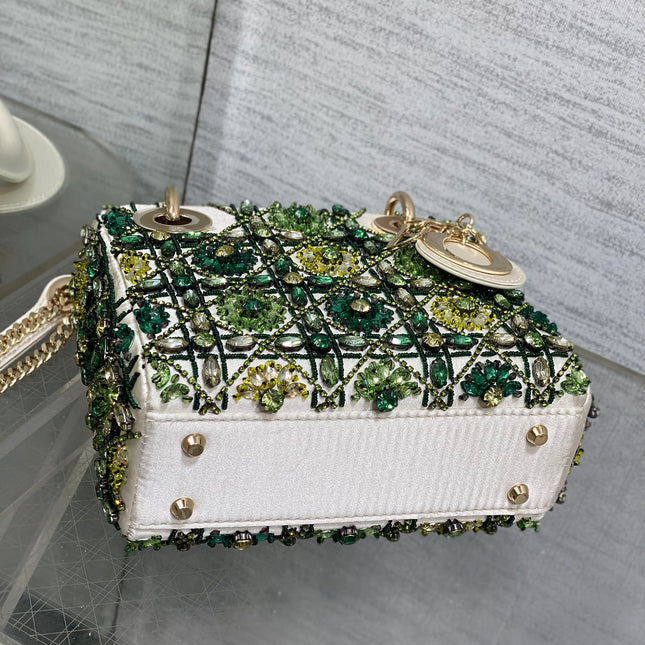 MINI 17 LADY BAG IN WHITE SATIN WITH GREEN EMBROIDERED BEADWORK
