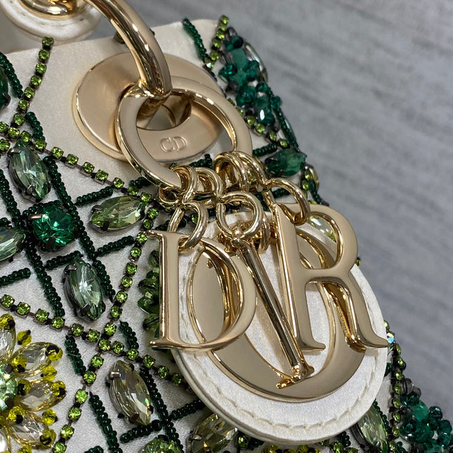 MINI 17 LADY BAG IN WHITE SATIN WITH GREEN EMBROIDERED BEADWORK
