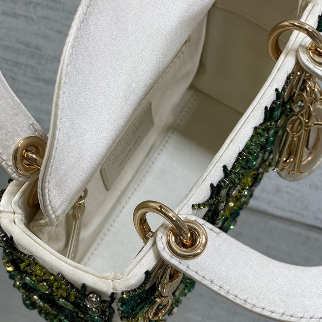 MINI 17 LADY BAG IN WHITE SATIN WITH GREEN EMBROIDERED BEADWORK