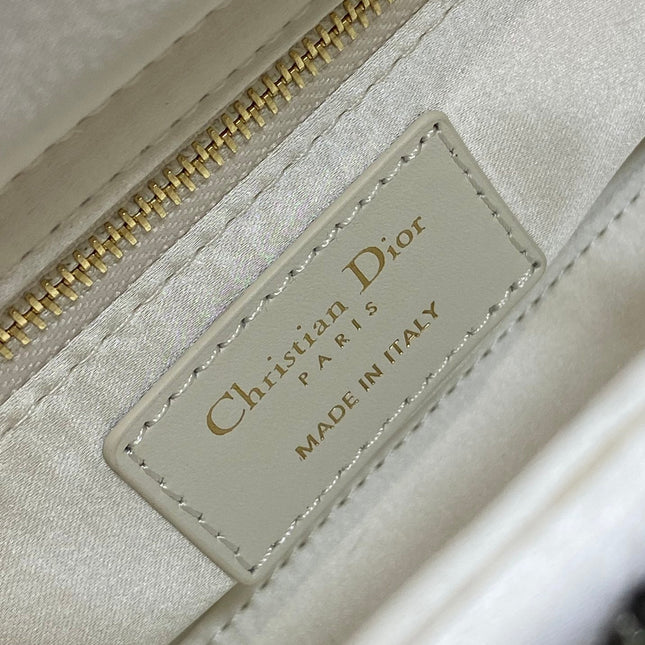 MINI 17 LADY BAG IN WHITE SATIN WITH GREEN EMBROIDERED BEADWORK