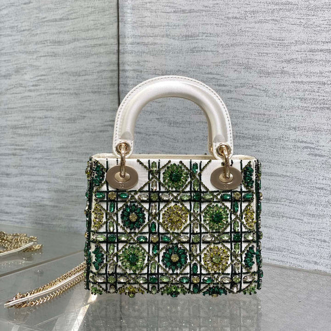 MINI 17 LADY BAG IN WHITE SATIN WITH GREEN EMBROIDERED BEADWORK