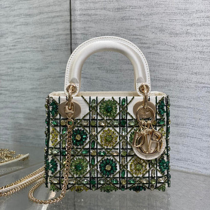 MINI 17 LADY BAG IN WHITE SATIN WITH GREEN EMBROIDERED BEADWORK