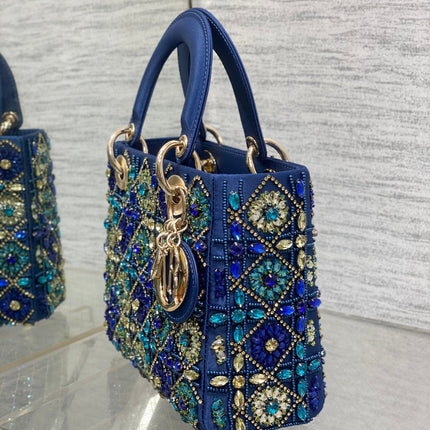 MINI 20 LADY BAG IN COBALT BLUE SATIN WITH COLORFUL EMBROIDERED BEADWORK