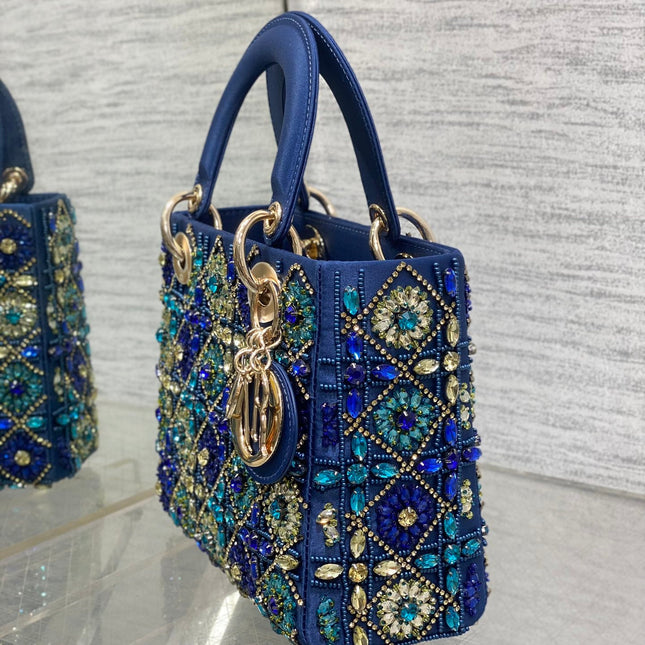 MINI 20 LADY BAG IN COBALT BLUE SATIN WITH COLORFUL EMBROIDERED BEADWORK