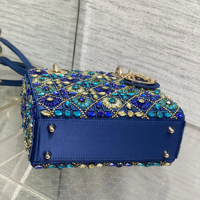 MINI 20 LADY BAG IN COBALT BLUE SATIN WITH COLORFUL EMBROIDERED BEADWORK