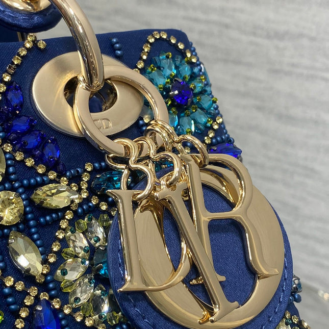 MINI 20 LADY BAG IN COBALT BLUE SATIN WITH COLORFUL EMBROIDERED BEADWORK