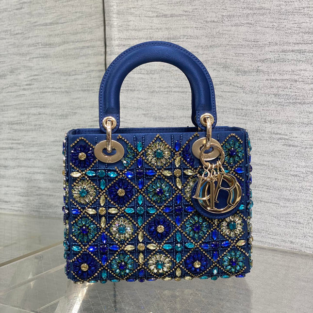 MINI 20 LADY BAG IN COBALT BLUE SATIN WITH COLORFUL EMBROIDERED BEADWORK