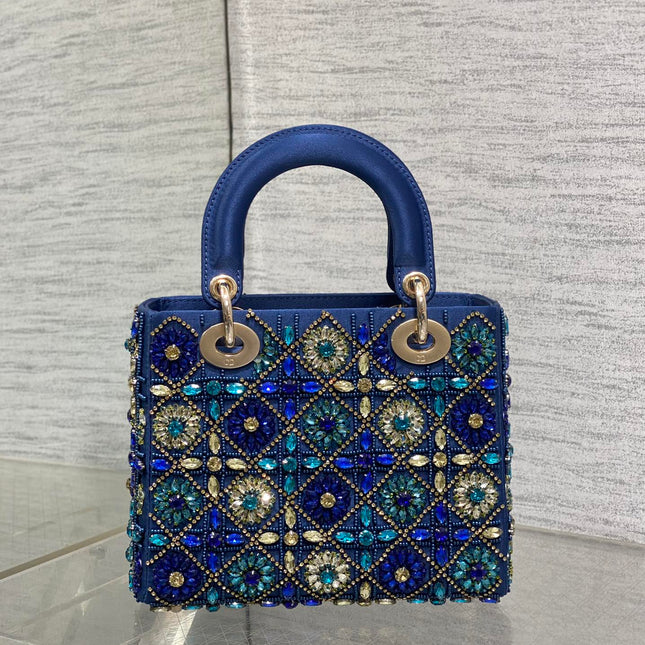 MINI 20 LADY BAG IN COBALT BLUE SATIN WITH COLORFUL EMBROIDERED BEADWORK
