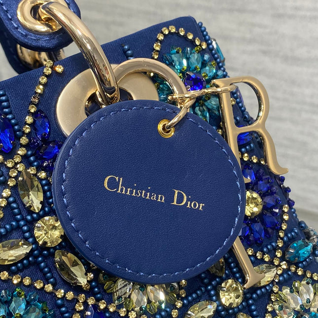 MINI 20 LADY BAG IN COBALT BLUE SATIN WITH COLORFUL EMBROIDERED BEADWORK