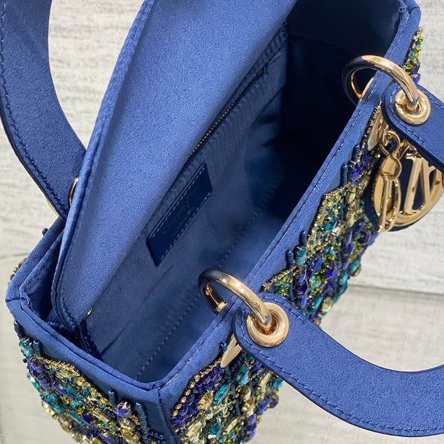 MINI 20 LADY BAG IN COBALT BLUE SATIN WITH COLORFUL EMBROIDERED BEADWORK