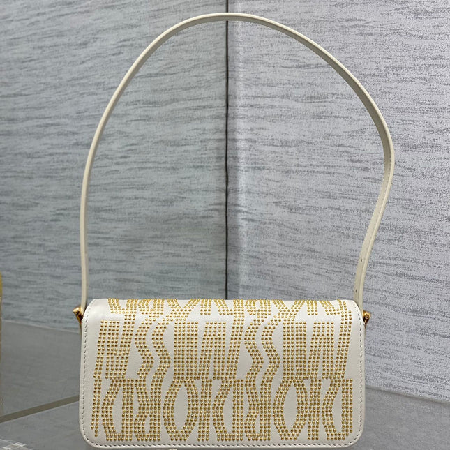 MINI 18 FLAP BAG IN WHITE LAMBSKIN WITH GOLD RHINSTONES
