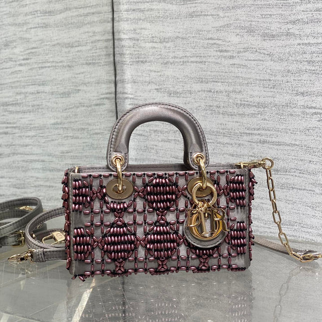 MINI LADY BAG 16 IN WENGE BROWN SATIN AND CALFSKIN WITH BEADED DESIGN