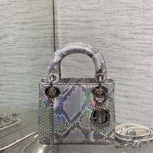 MINI 17 LADY BAG IN SILVER SNAKESKIN PATTERN LAMBSKIN