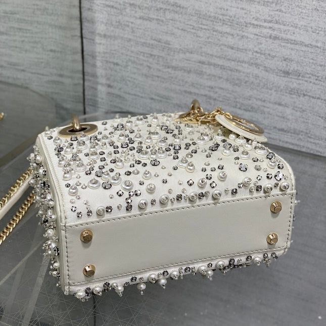 MINI 17 LADY BAG IN WHITE SATIN EMBROIDERED WITH BEADS 226310