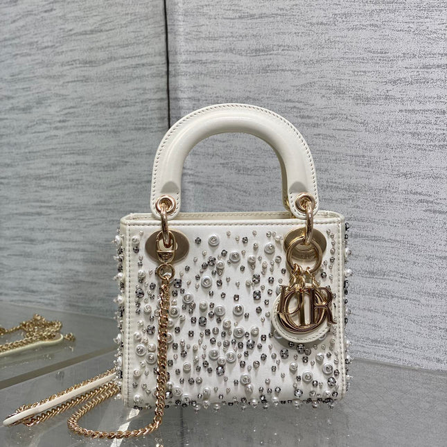 MINI 17 LADY BAG IN WHITE SATIN EMBROIDERED WITH BEADS 226310
